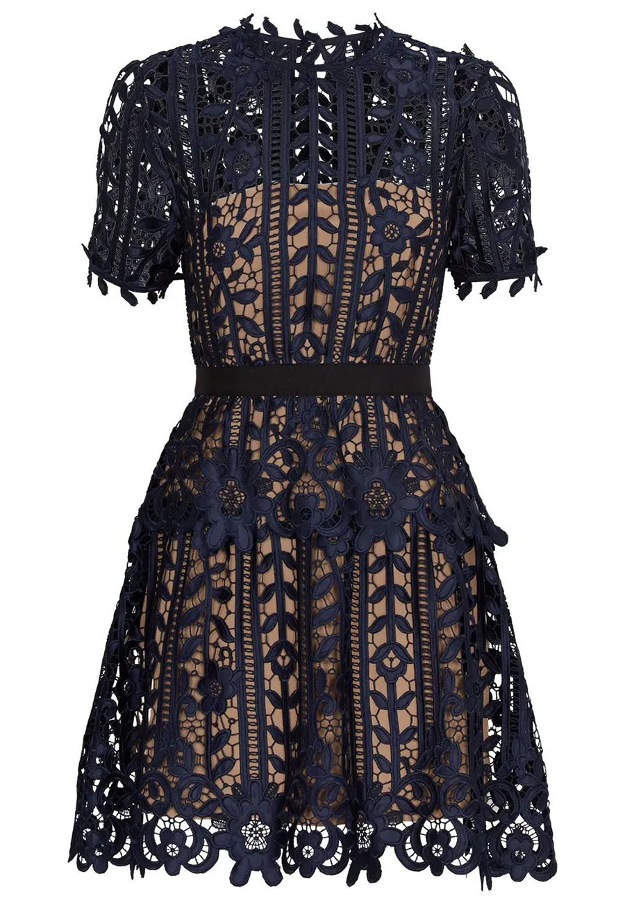 Dark Navy Amarylis Short Sleeves Lace Mini Dress (UK 8)