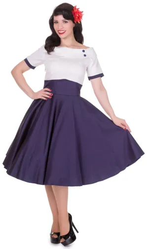 Darlene Retro Full Circle Swing Dress in Cream-Navy Blue