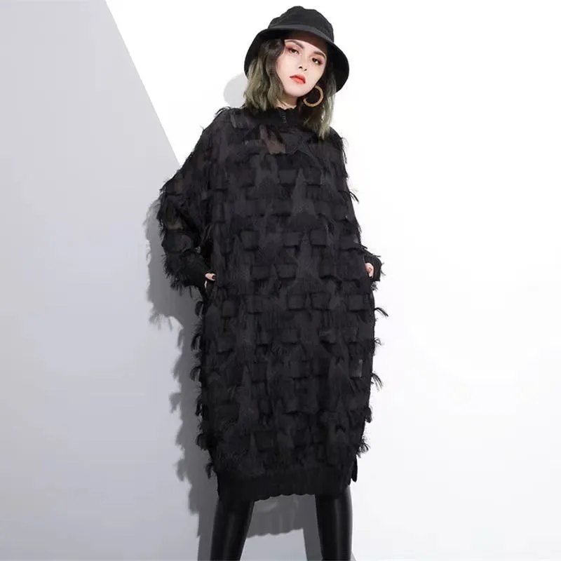 Elegant black lace dresses oversized lace gown women tassel dresses