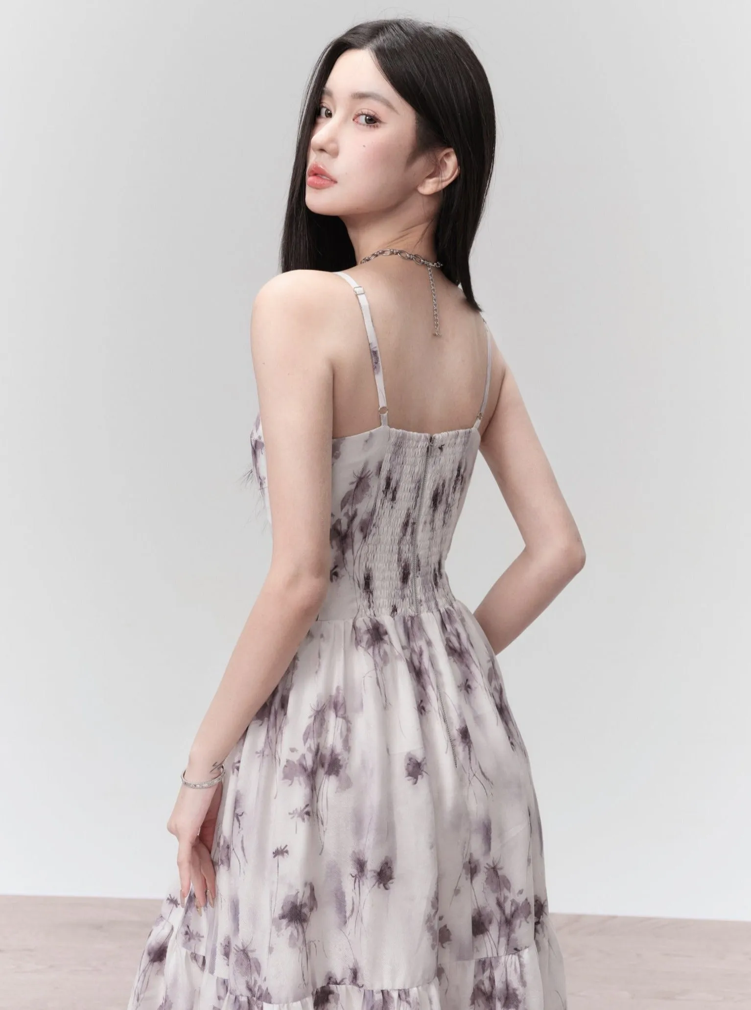 Ethereal Floral Spaghetti Strap Midi Dress in Lavender Mist