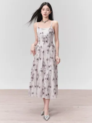 Ethereal Floral Spaghetti Strap Midi Dress in Lavender Mist