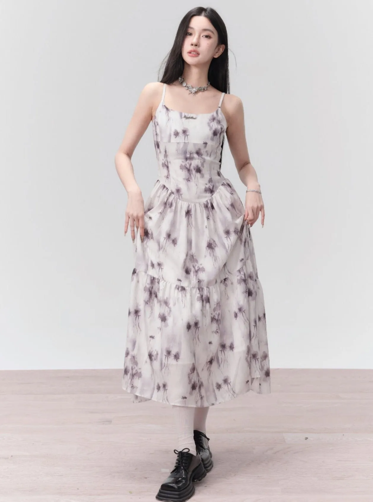 Ethereal Floral Spaghetti Strap Midi Dress in Lavender Mist