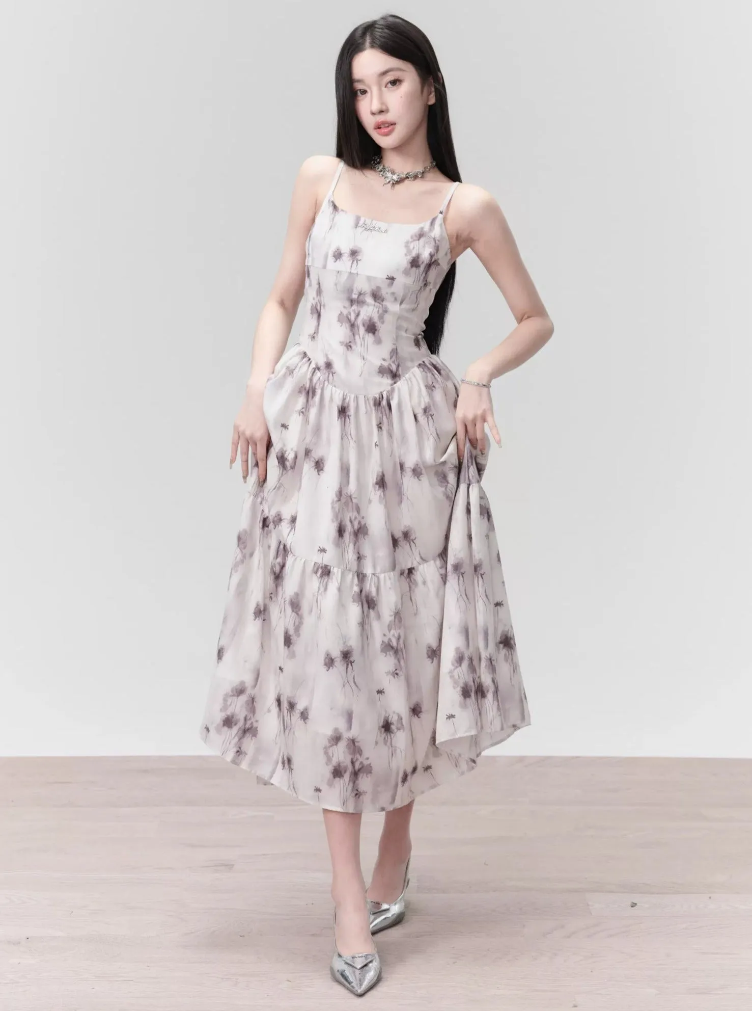 Ethereal Floral Spaghetti Strap Midi Dress in Lavender Mist