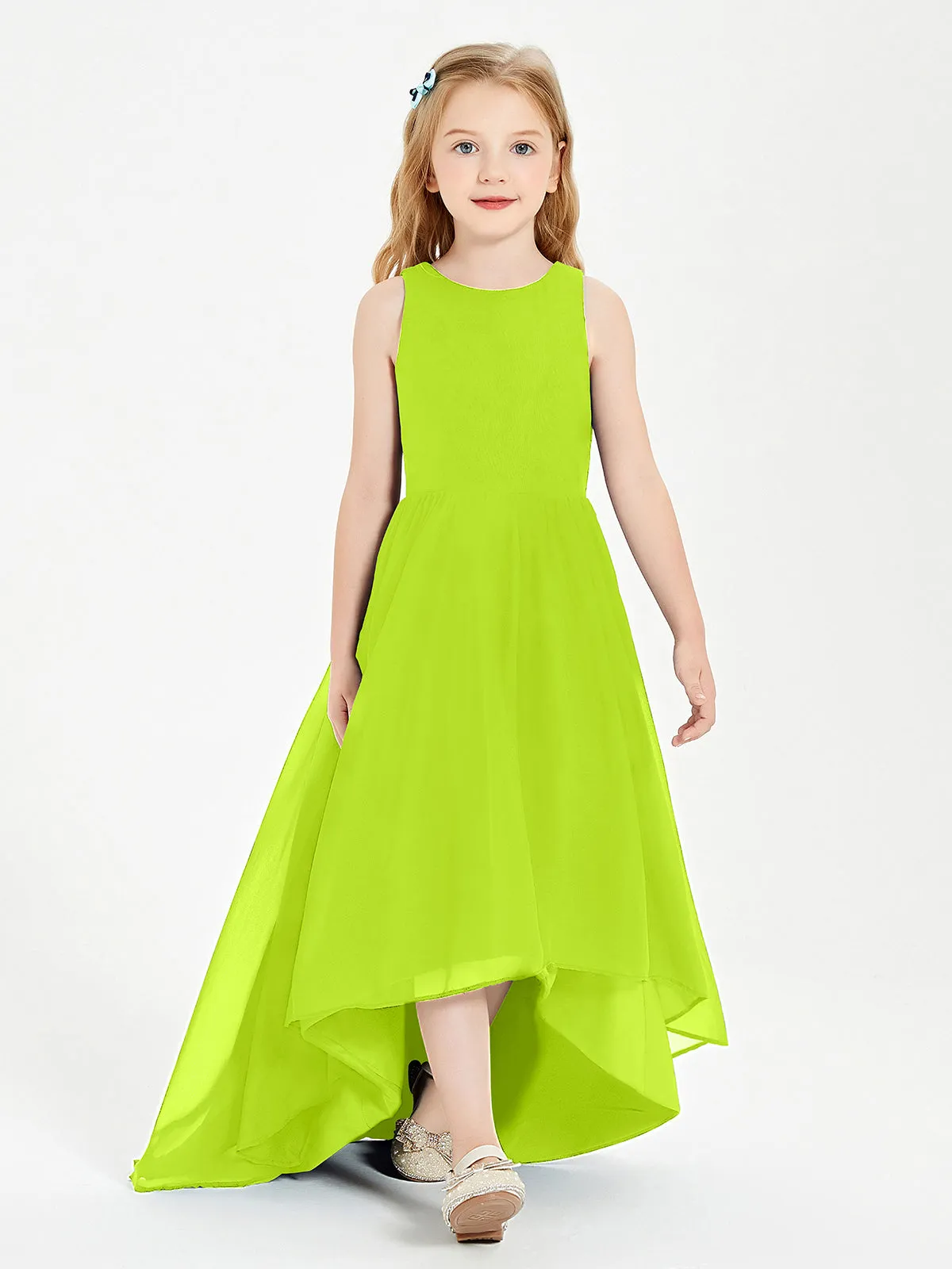 Exquisite Asymmetrical Junior Bridesmaid Dresses Scoop Neck Lime Green