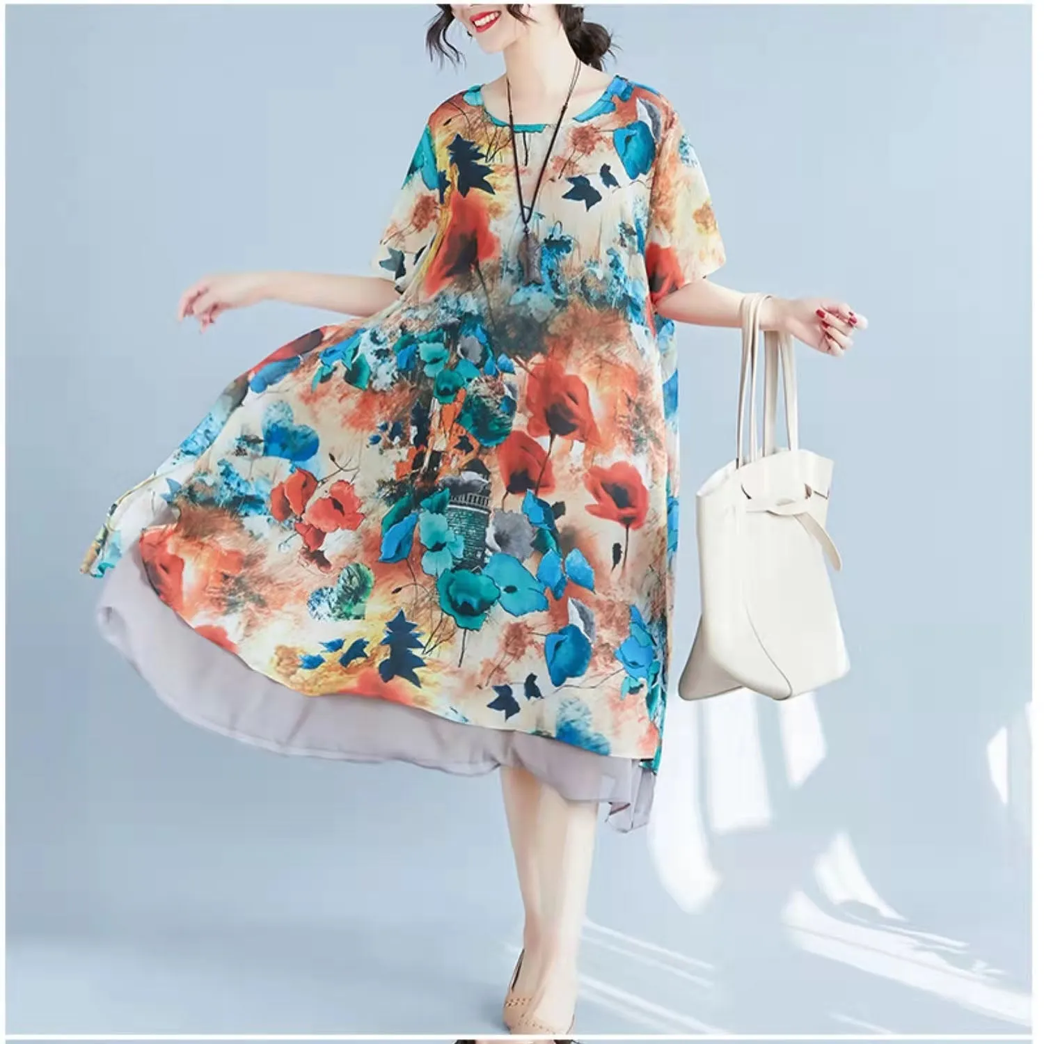 Fashion Red Prints Chiffon Shift Dresses Oversize Chiffon Clothing Dresses Women Half Sleeve Asymmetric Hem Cotton Clothing