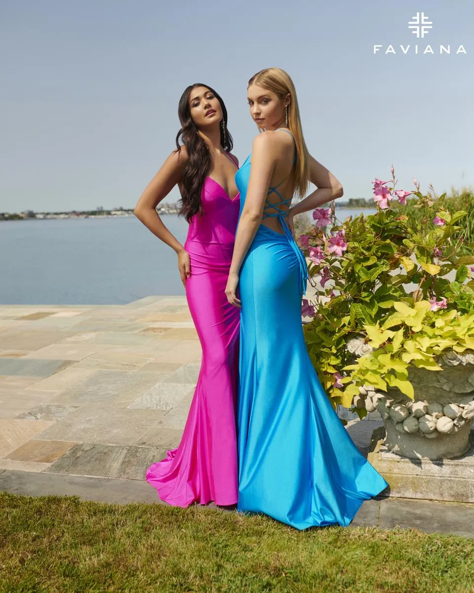 Faviana Long V-Neck Charmeuse Prom Dress S10826