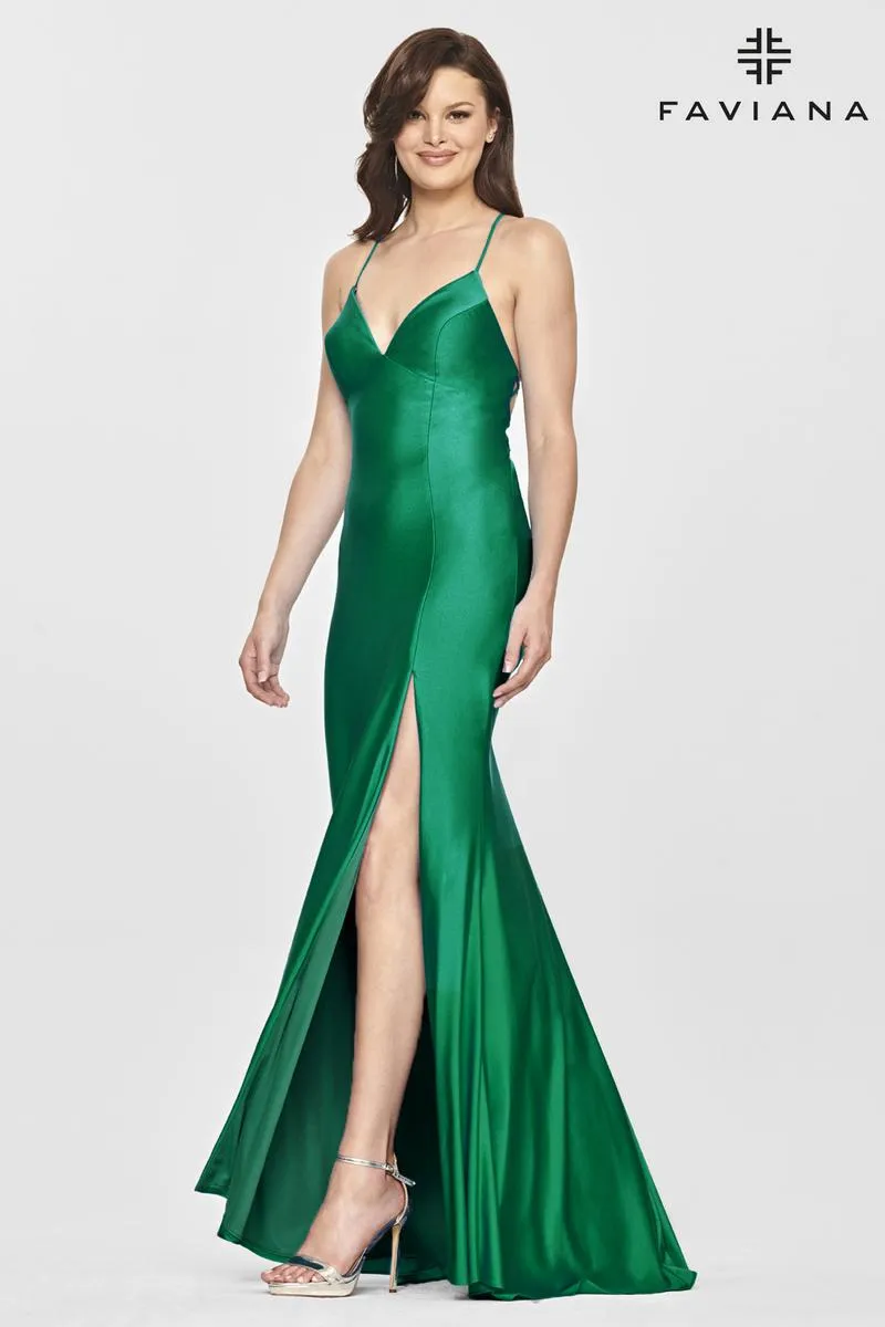 Faviana Long V-Neck Charmeuse Prom Dress S10826