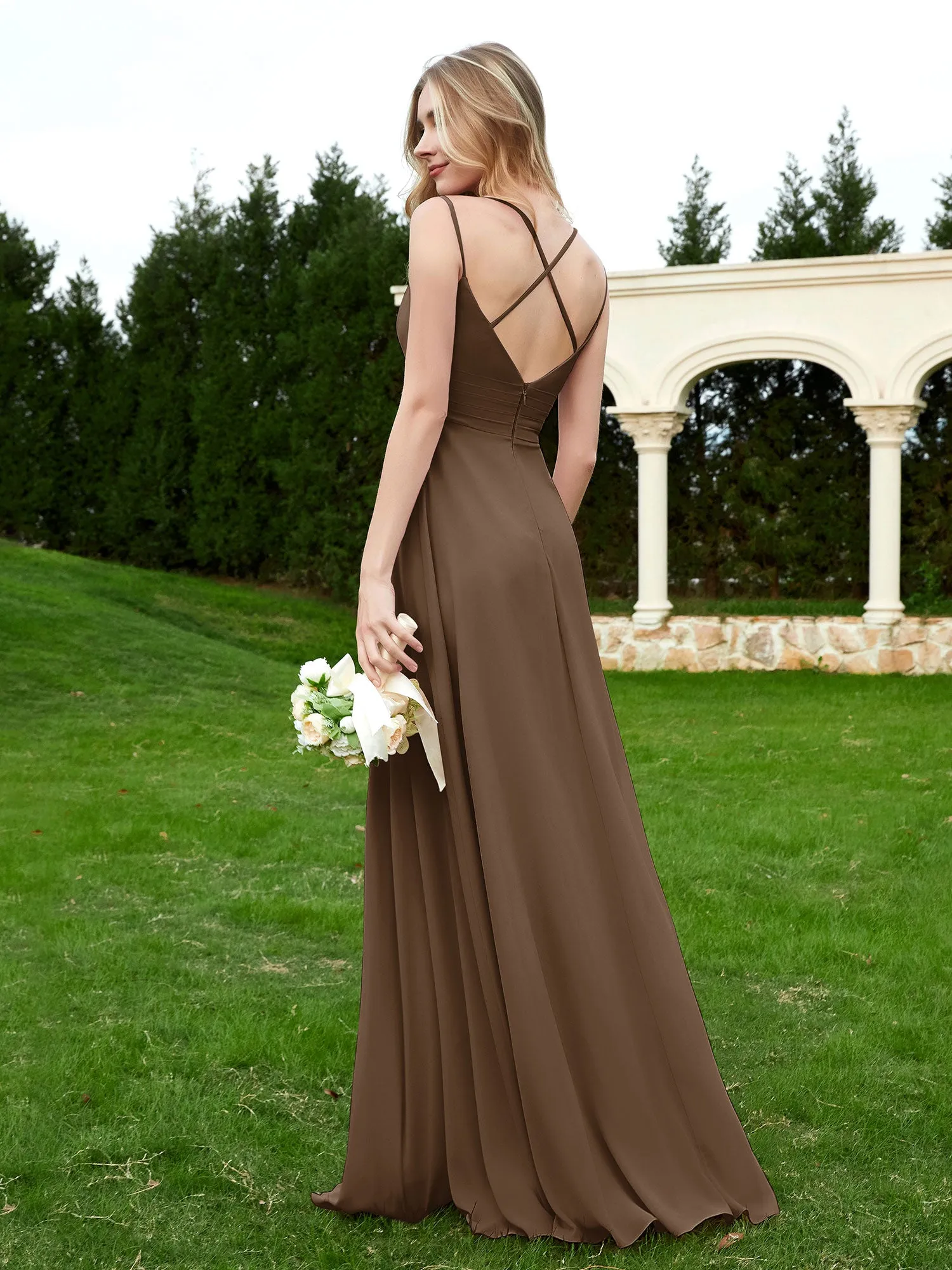 Floor Length V Neck Chiffon Bridesmaid Gown Brown Plus Size