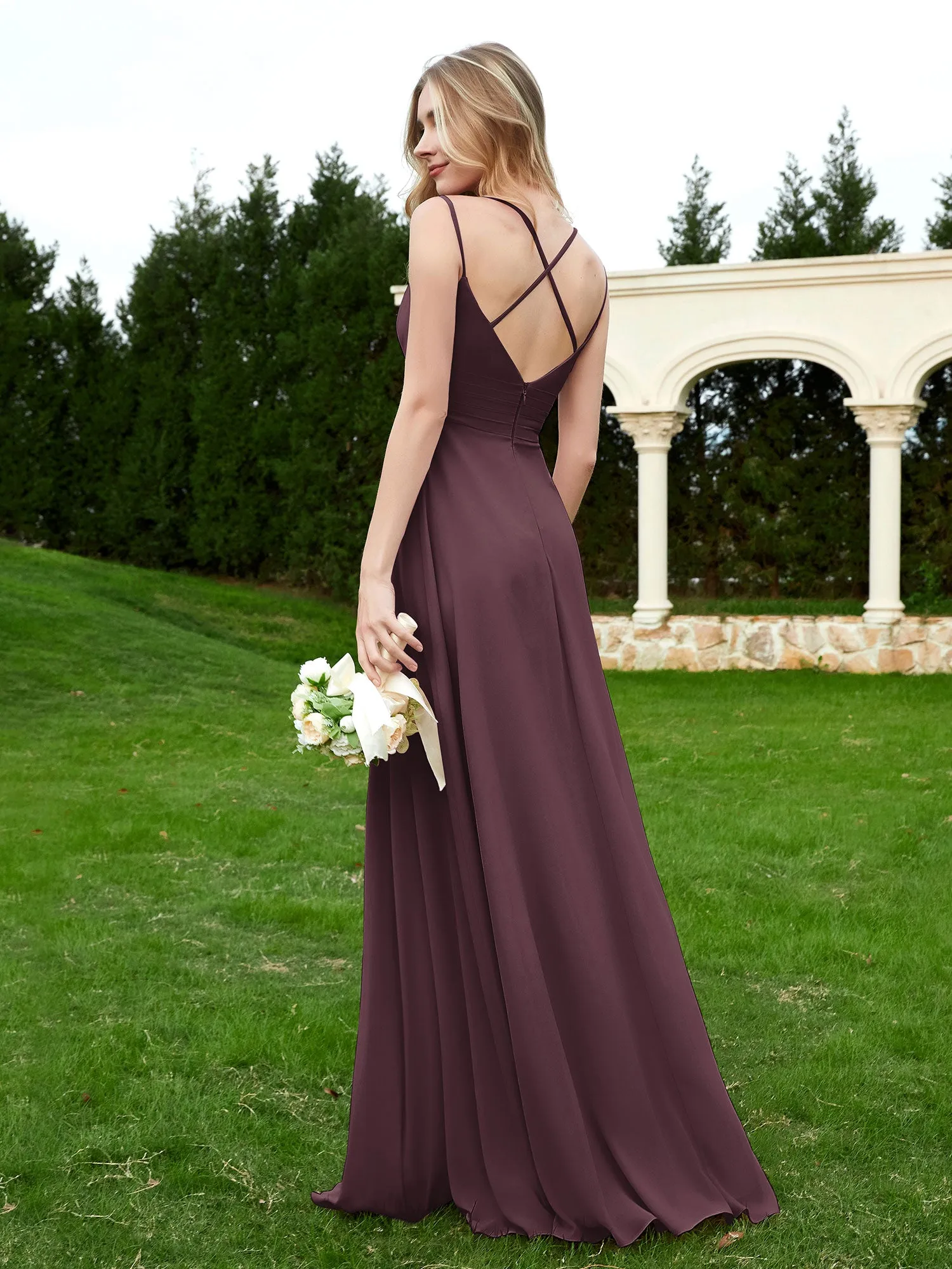 Floor Length V Neck Chiffon Bridesmaid Gown Cabernet Plus Size