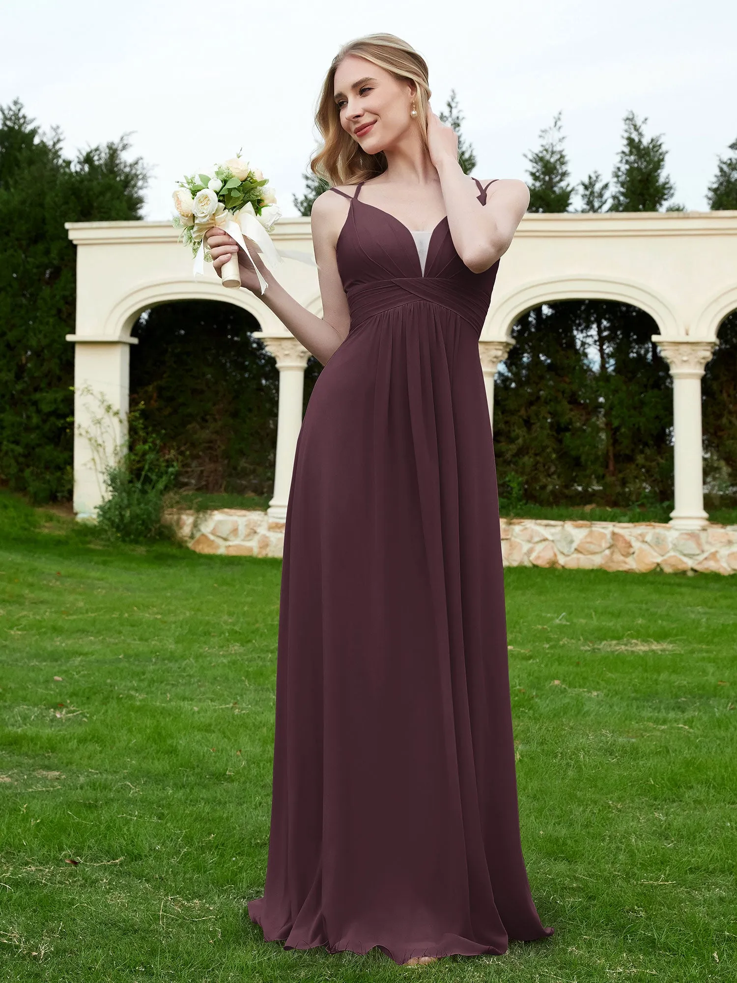 Floor Length V Neck Chiffon Bridesmaid Gown Cabernet Plus Size