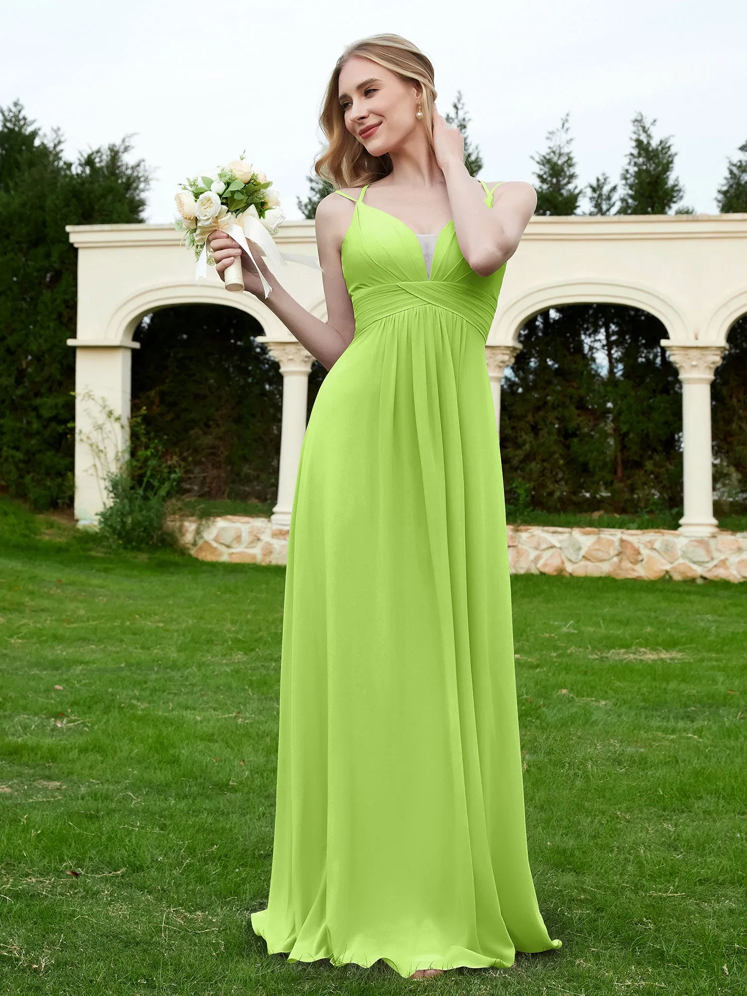 Floor Length V Neck Chiffon Bridesmaid Gown Lime Green