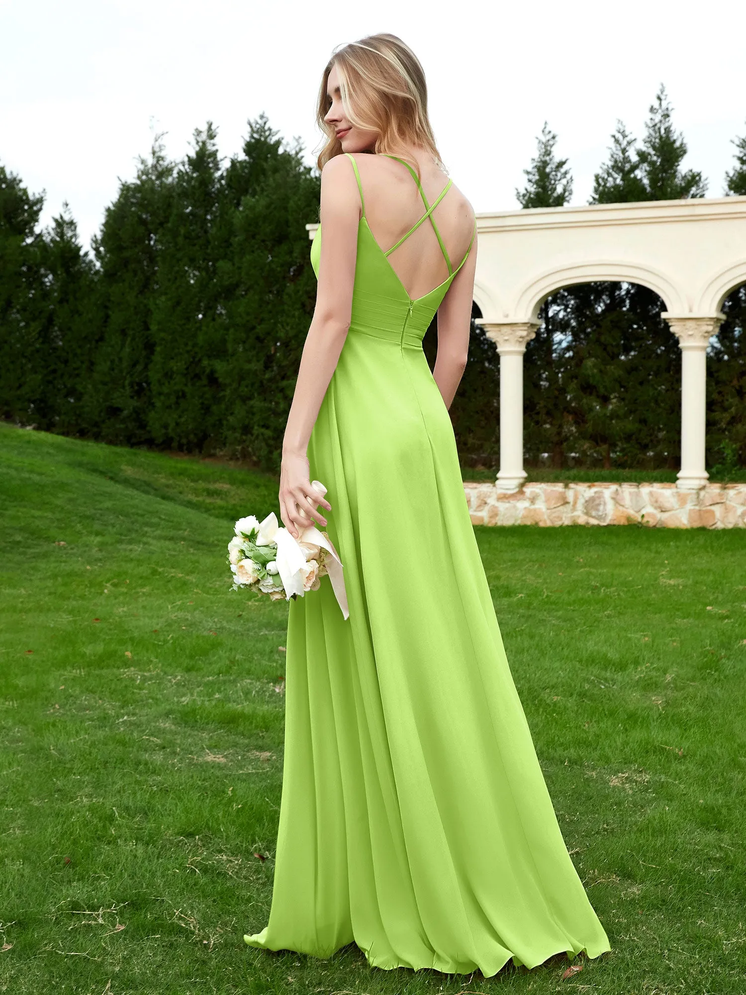 Floor Length V Neck Chiffon Bridesmaid Gown Lime Green