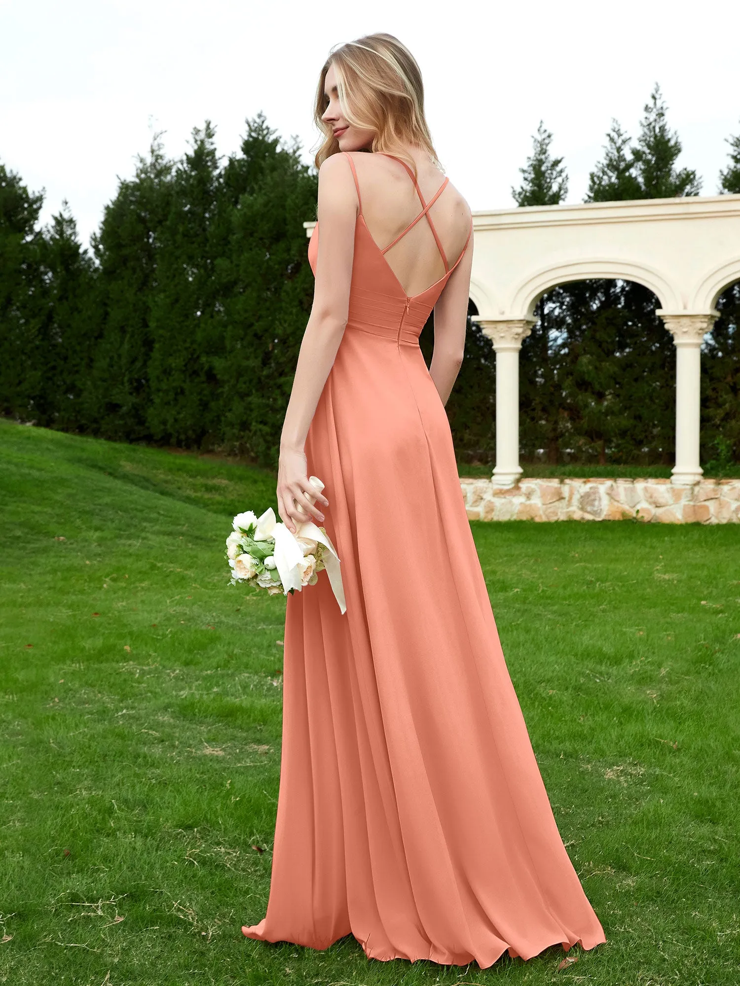 Floor Length V Neck Chiffon Bridesmaid Gown Papaya Plus Size