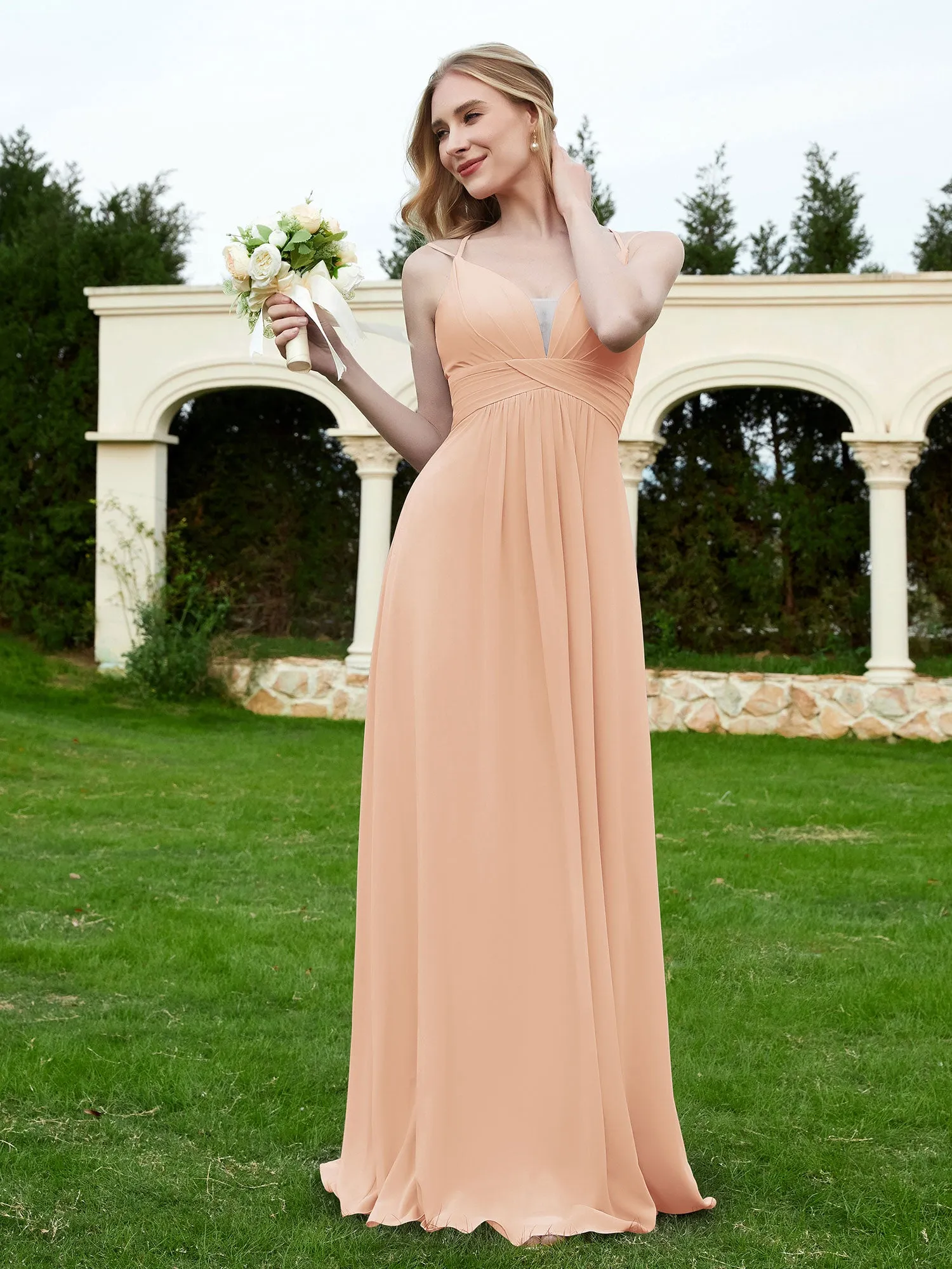 Floor Length V Neck Chiffon Bridesmaid Gown Pearl Pink