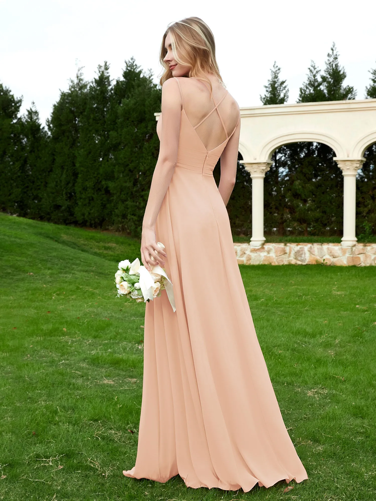 Floor Length V Neck Chiffon Bridesmaid Gown Pearl Pink