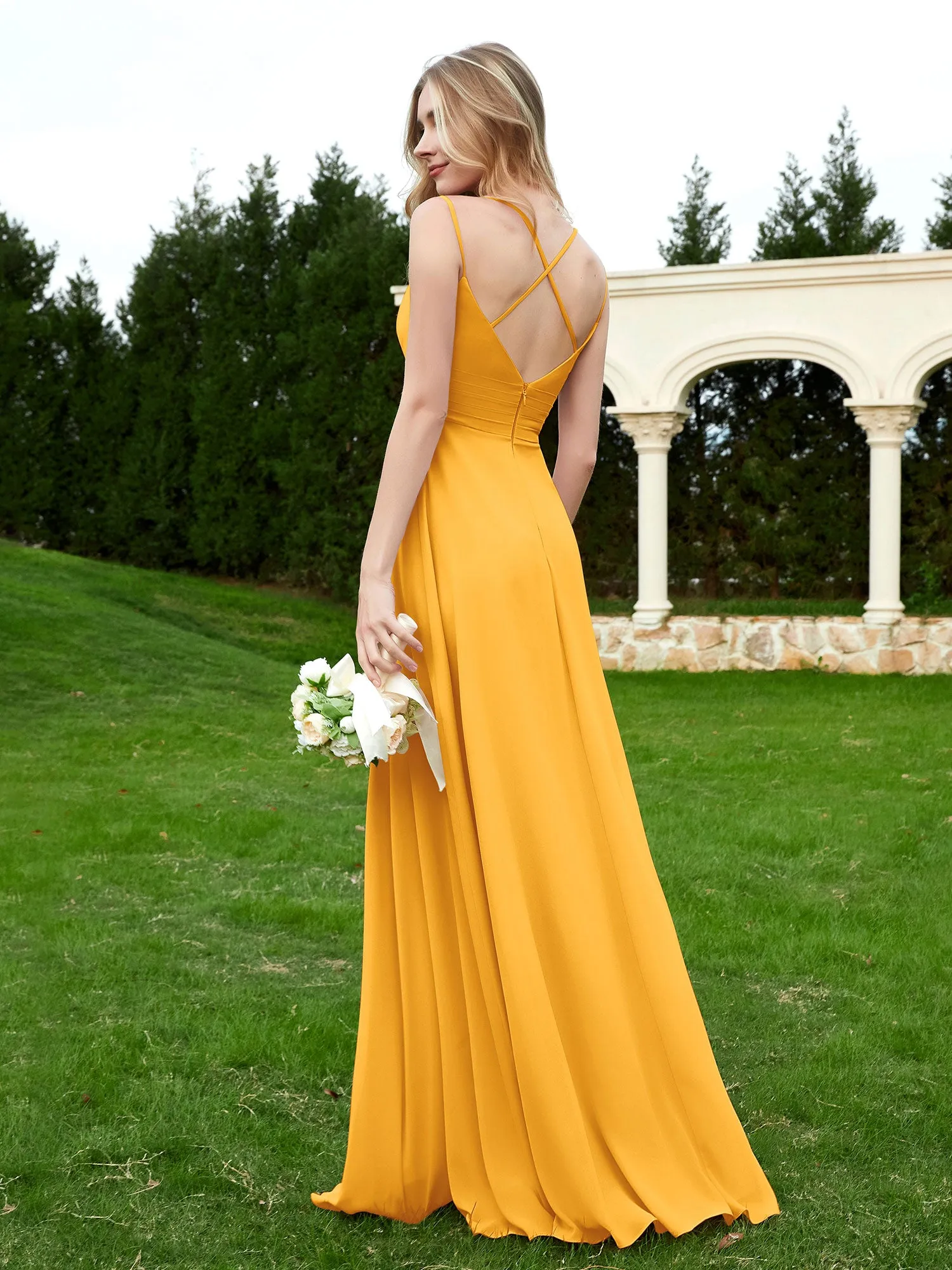 Floor Length V Neck Chiffon Bridesmaid Gown Tangerine