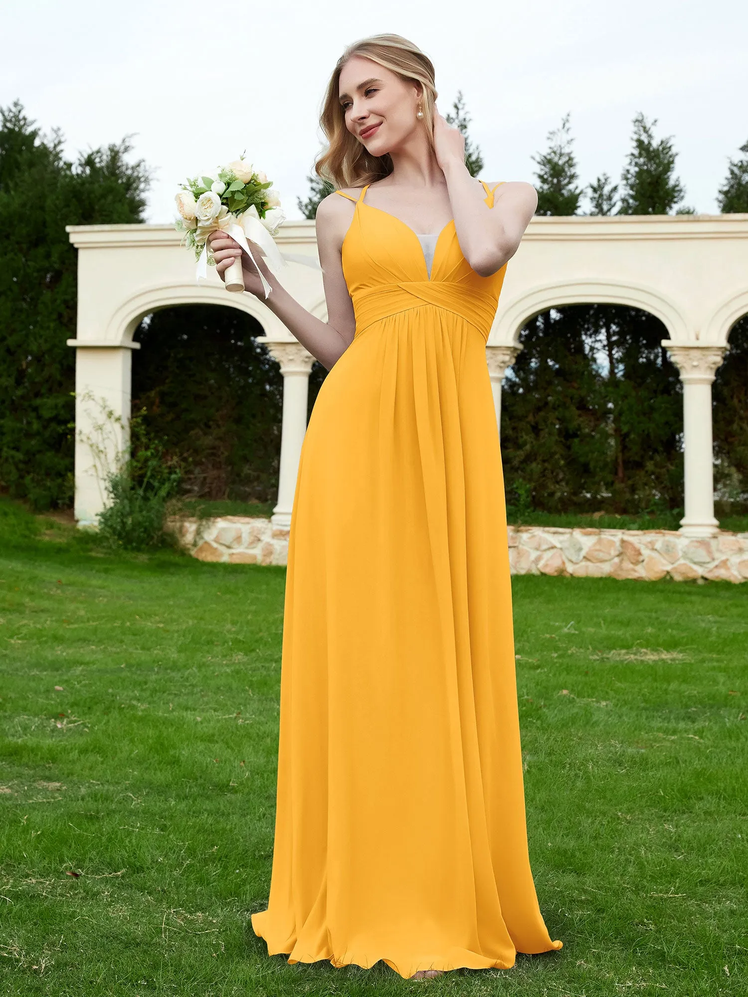 Floor Length V Neck Chiffon Bridesmaid Gown Tangerine