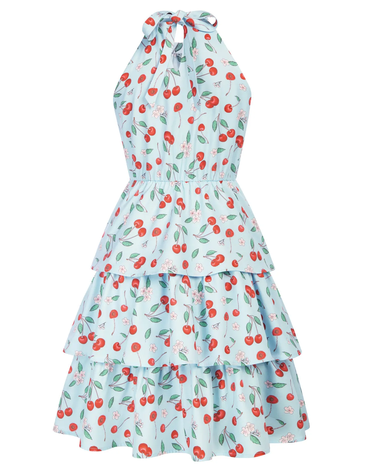 Floral Printed Elastic Waist Cake Dress Sleeveless Halterneck 3-Layer A-Line Dress