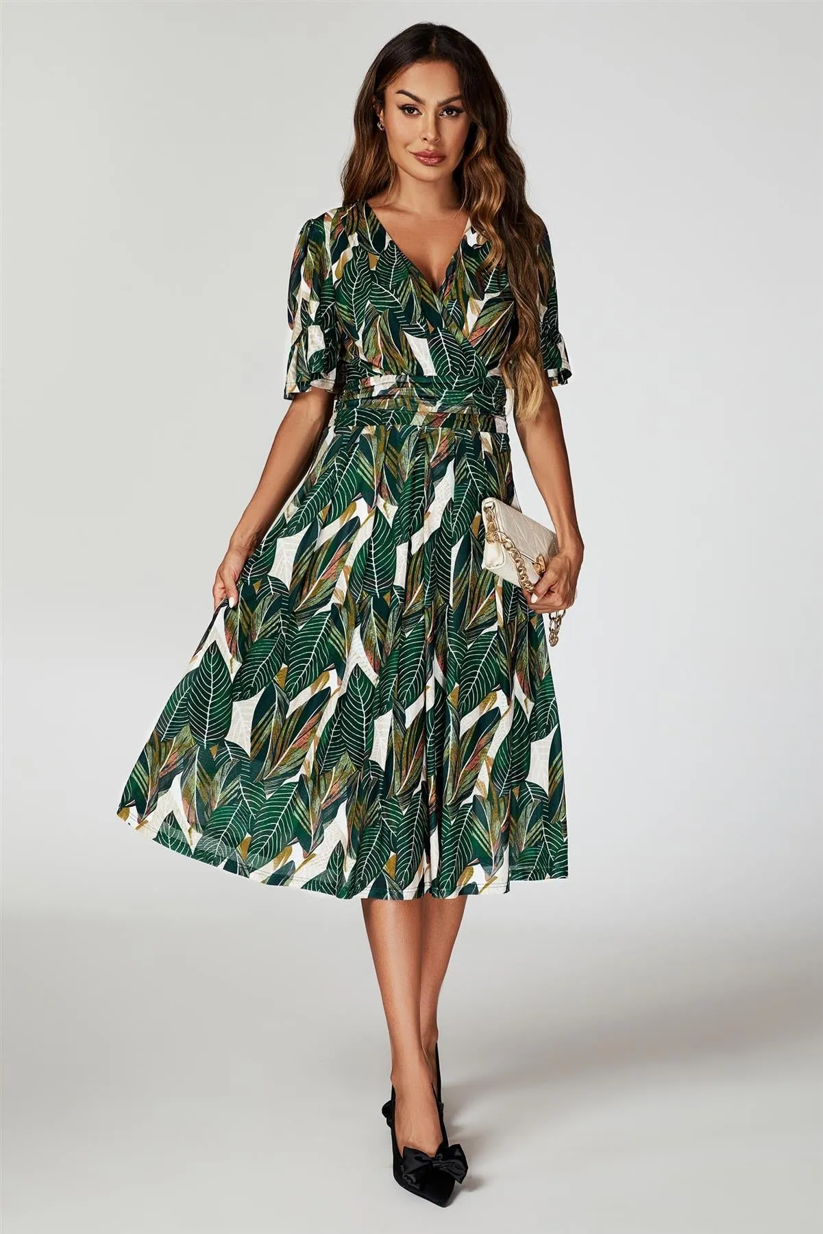 FS Collection Leaf Print Mesh Midi Dress In Green