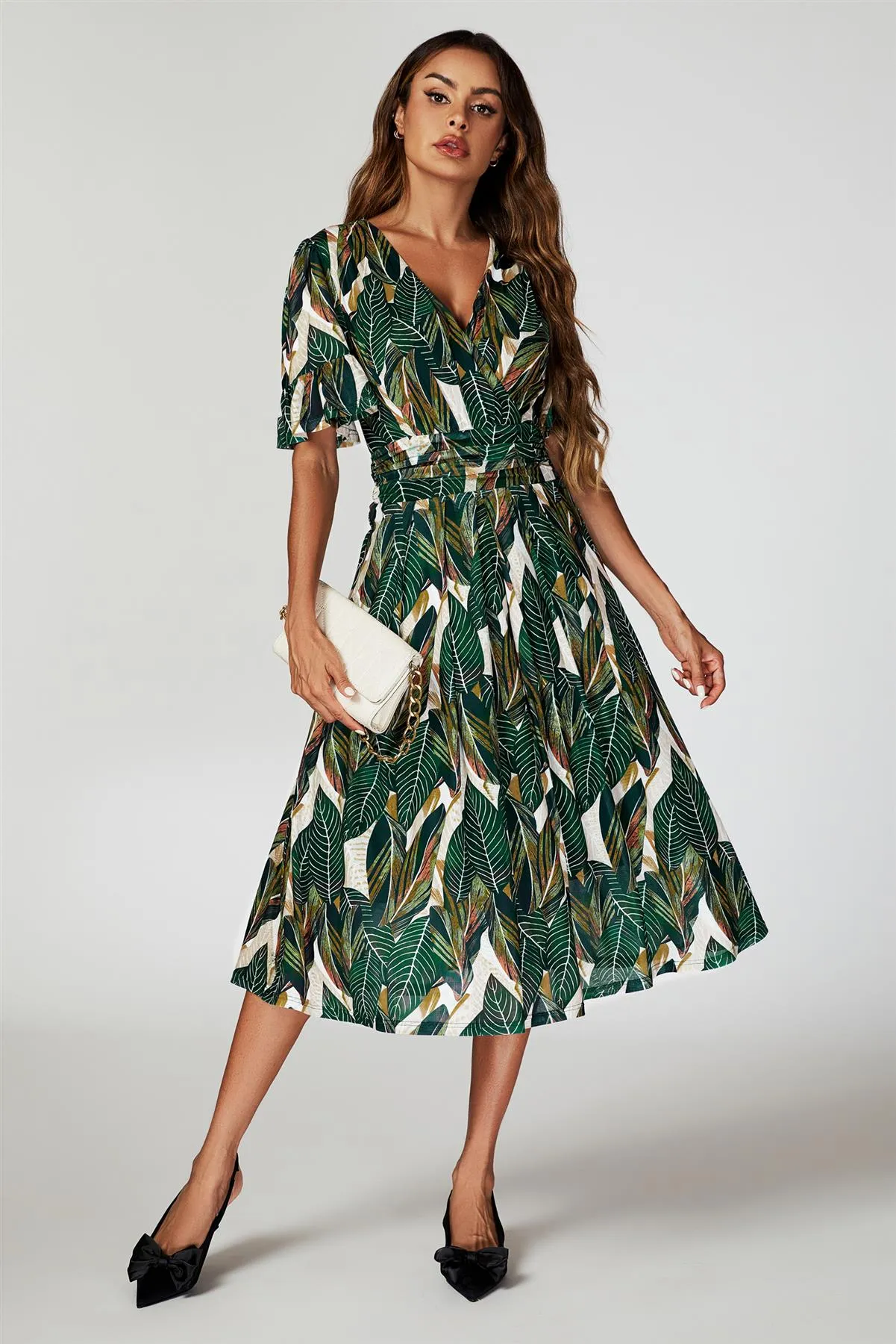 FS Collection Leaf Print Mesh Midi Dress In Green