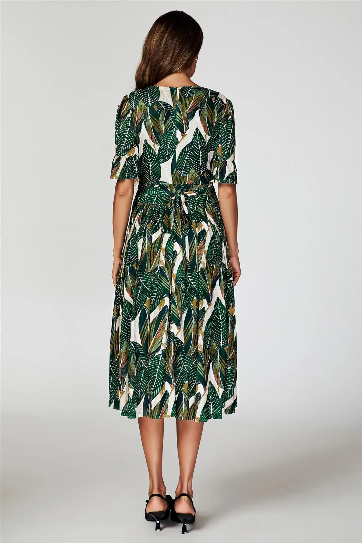 FS Collection Leaf Print Mesh Midi Dress In Green