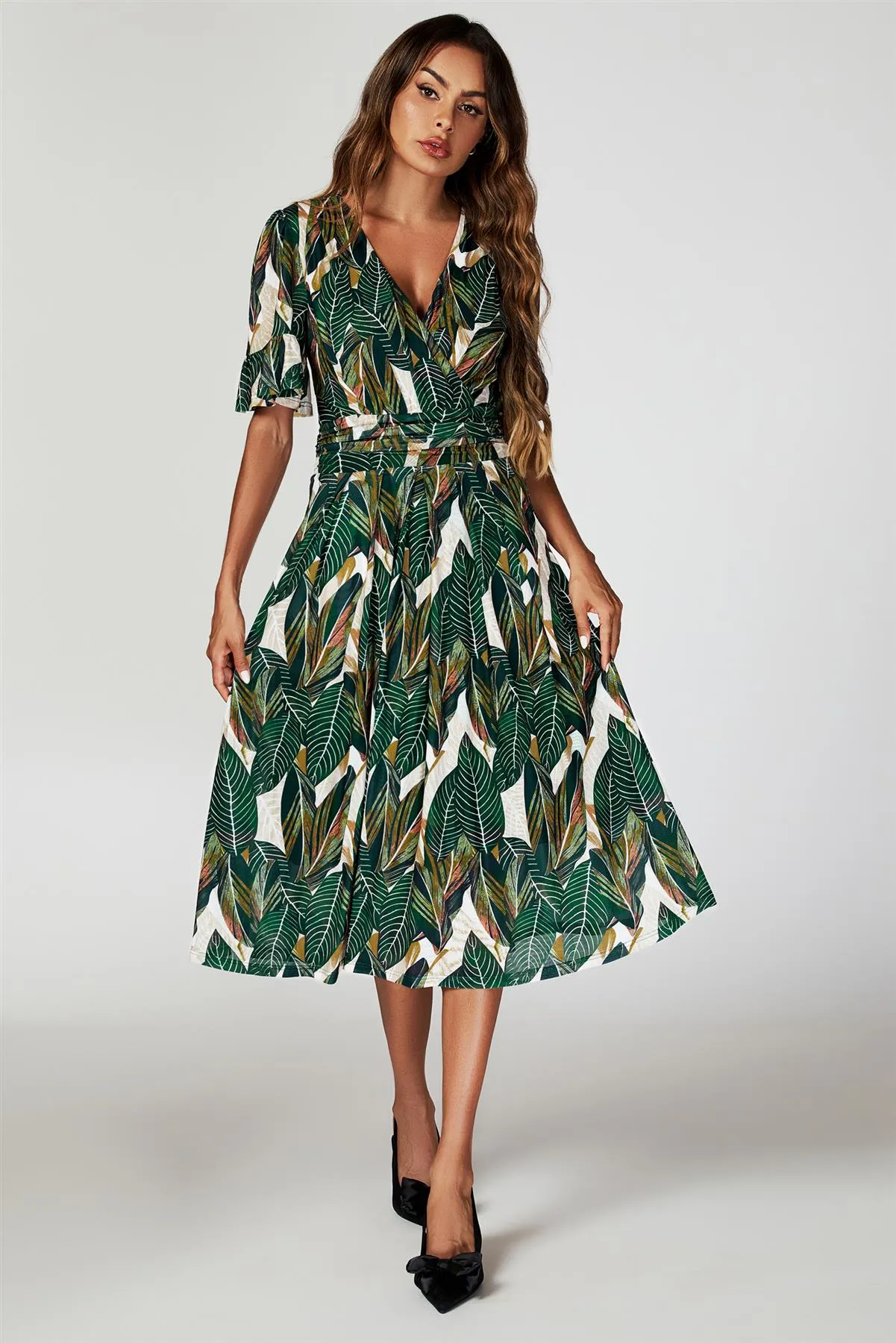 FS Collection Leaf Print Mesh Midi Dress In Green