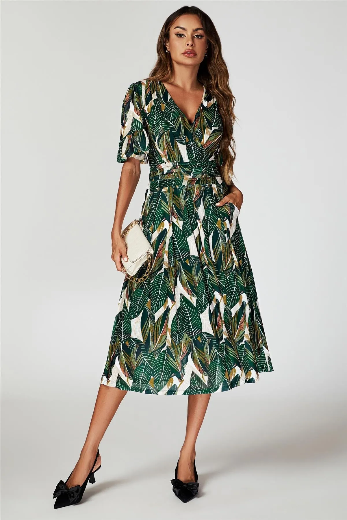 FS Collection Leaf Print Mesh Midi Dress In Green