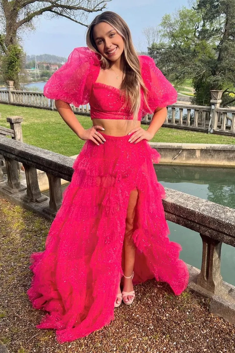 Fuchsia Two Piece Sweetehart Sparkly Tulle Long Prom Dresses