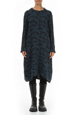 Gathered Neck Midnight Blue Circle Silk Linen Dress