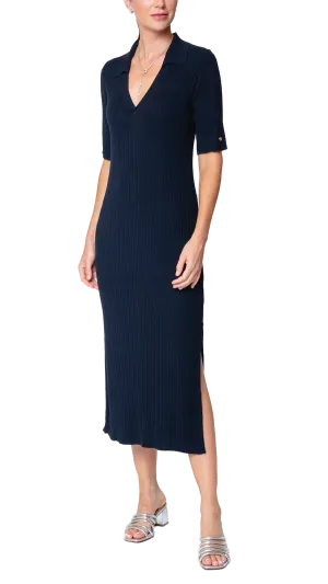 Gillian Rib Knit Midi Polo Dress - Dark Navy