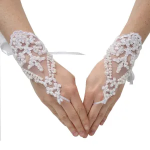 Girls Ivory Pearl Adorned Lace Fingerless Communion Flower Girl Gloves