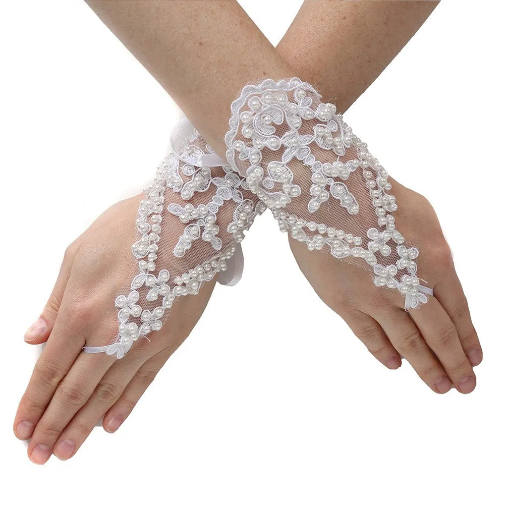 Girls Ivory Pearl Adorned Lace Fingerless Communion Flower Girl Gloves