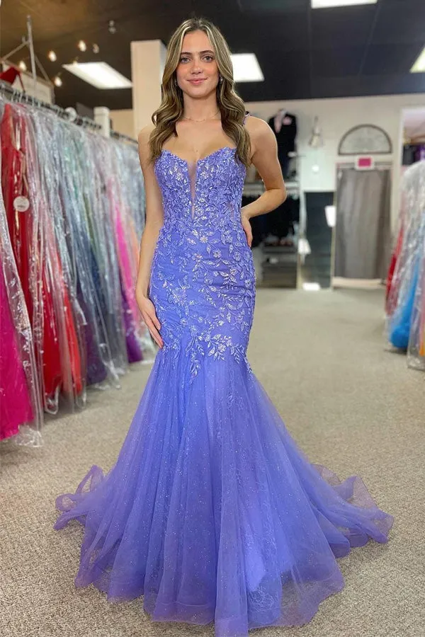 Gorgeous Straps Lilac Long Mermaid Prom Dresses