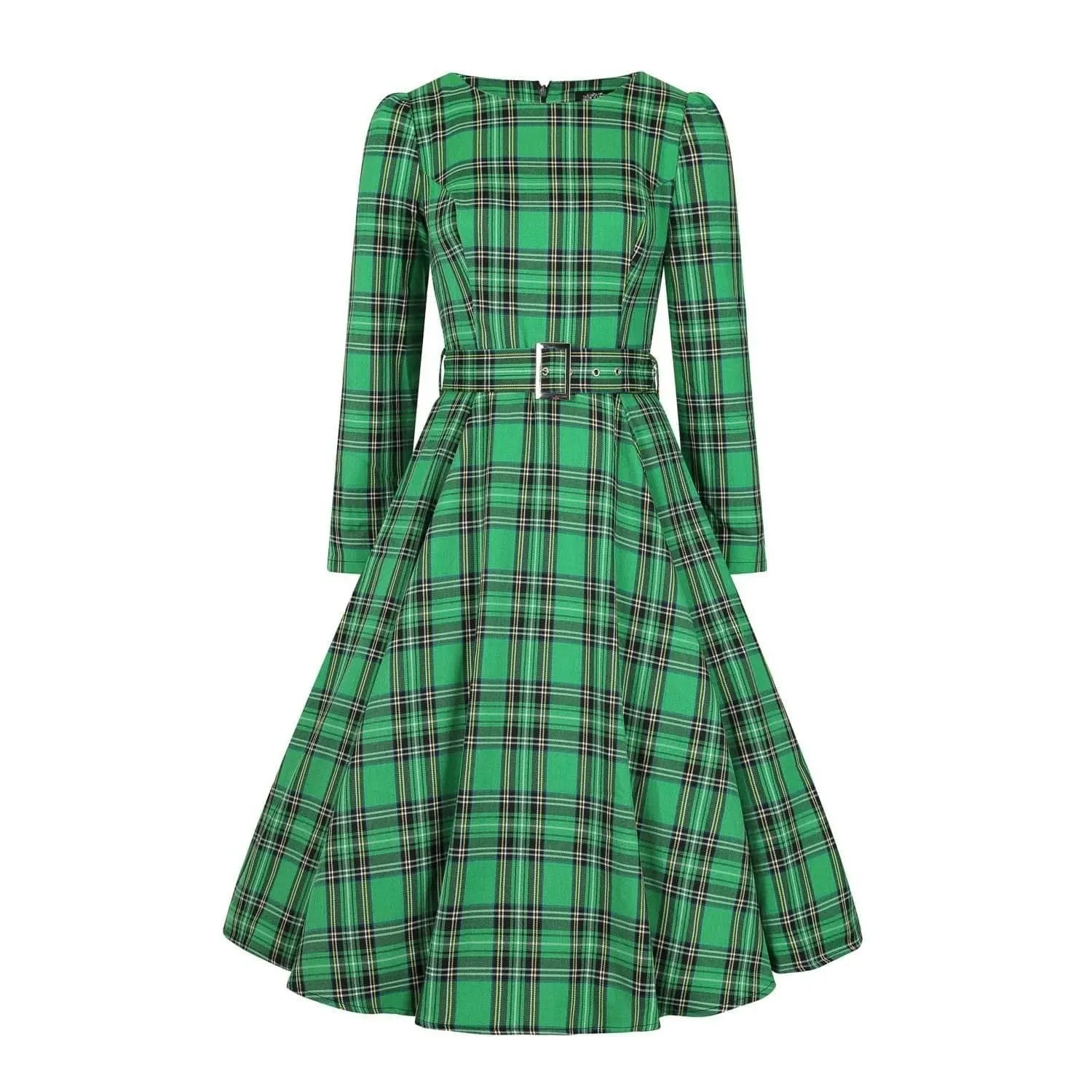 Green Tartan Long Sleeve Burns Night & Rockabilly Style Swing Dress