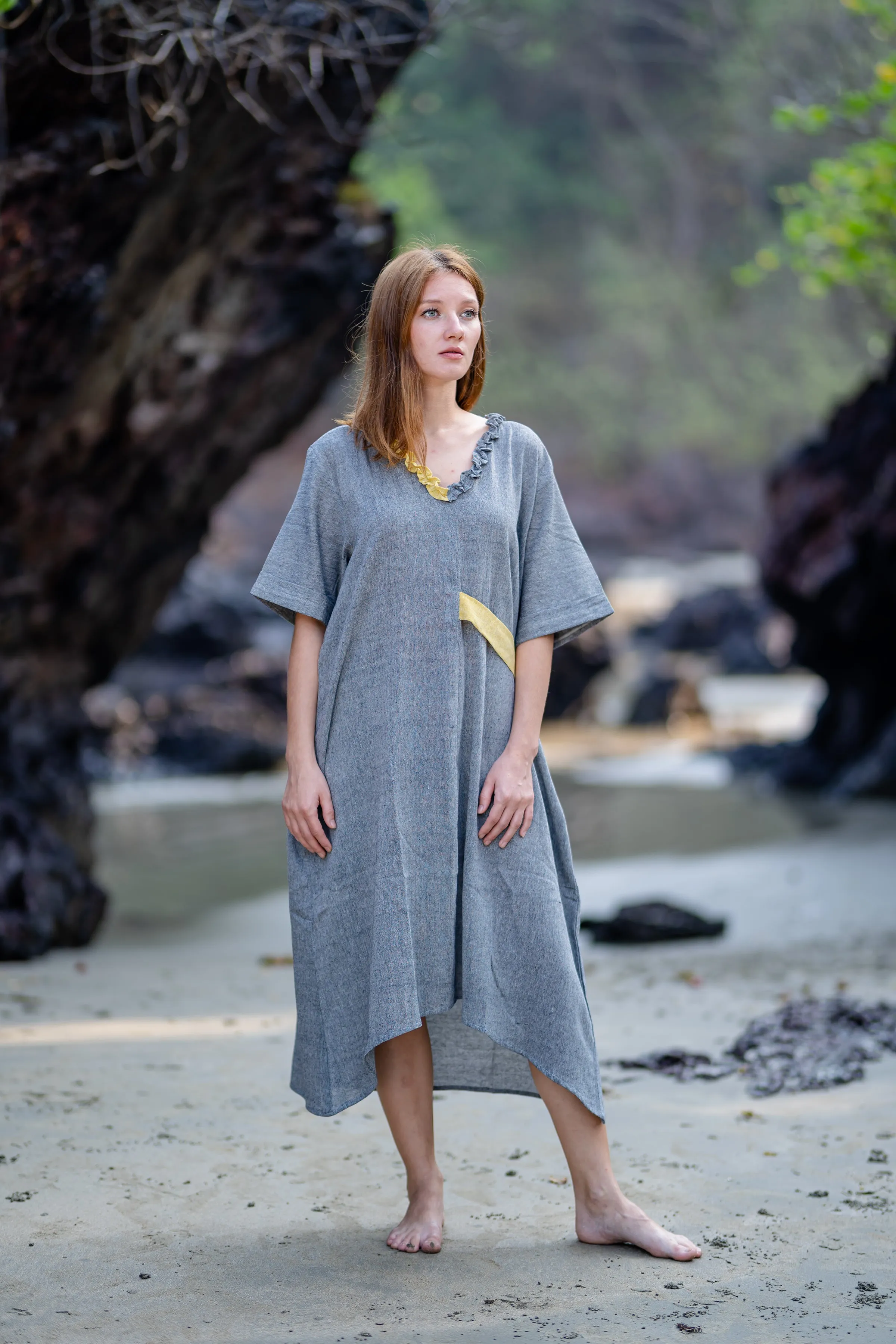 Grey V-Neck Organic Cotton Midi Dress