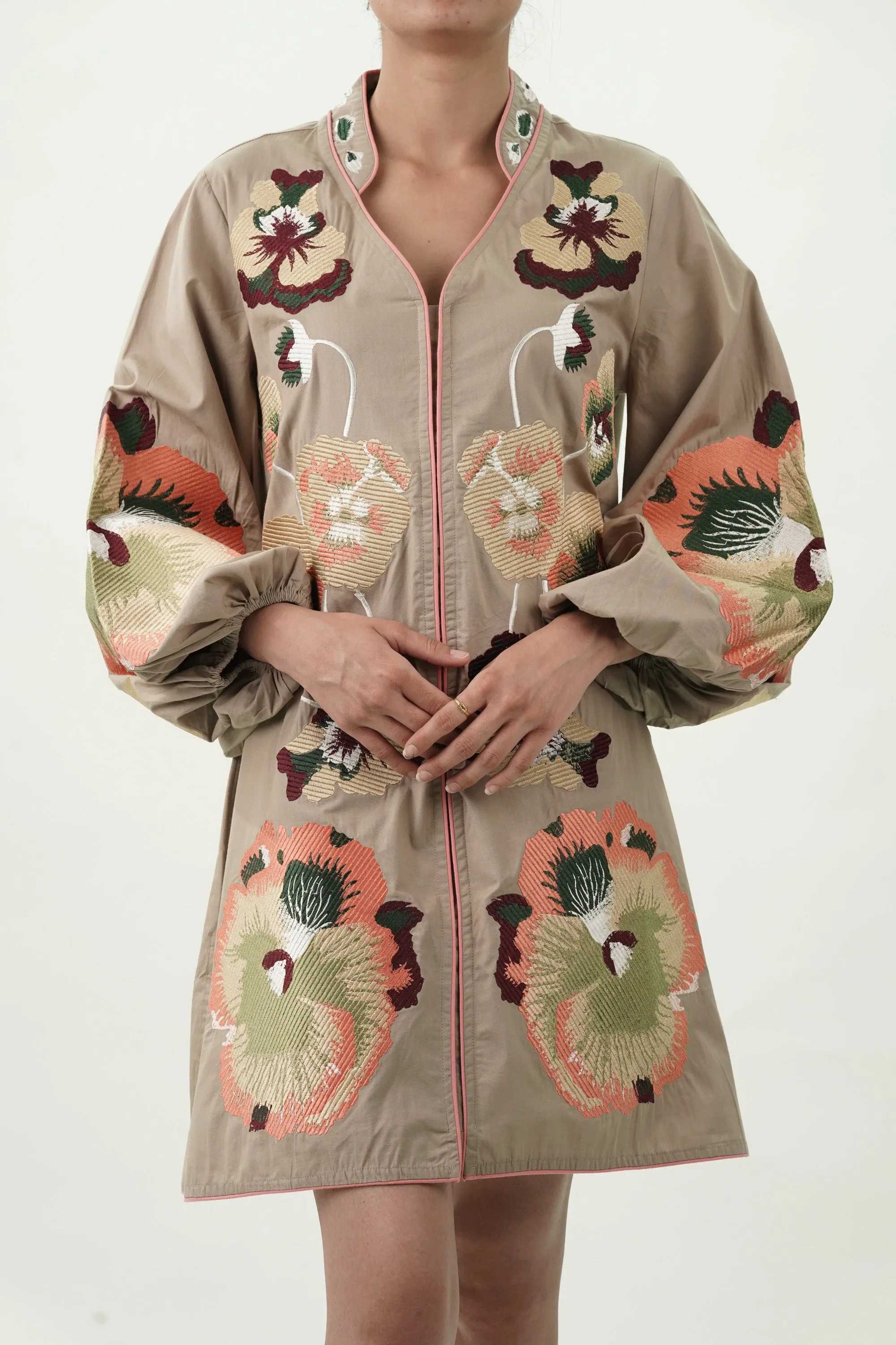 Heavy Embroidery Cotton Linen Dress With Bishop Sleeves