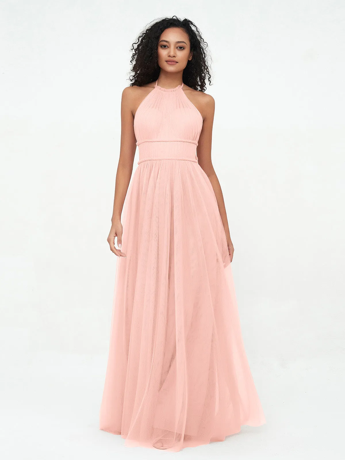 Illusion Halter Tulle Maxi Boho Dresses-Coral