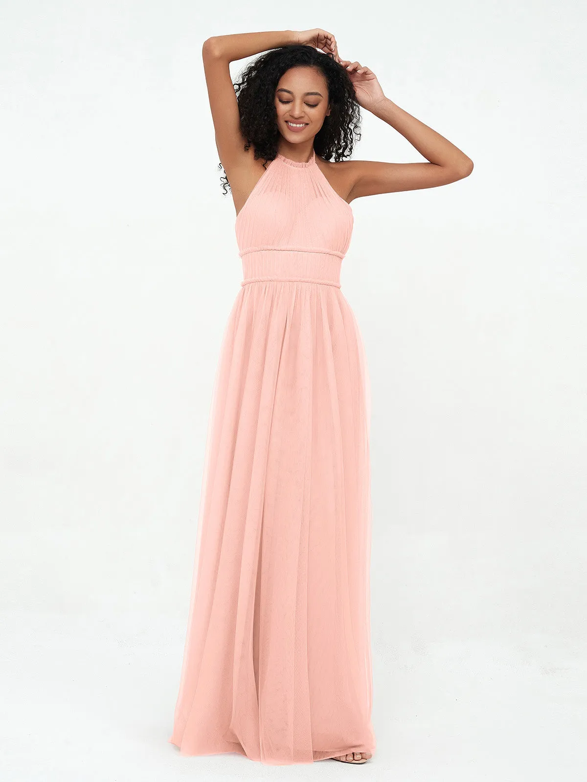 Illusion Halter Tulle Maxi Boho Dresses-Coral