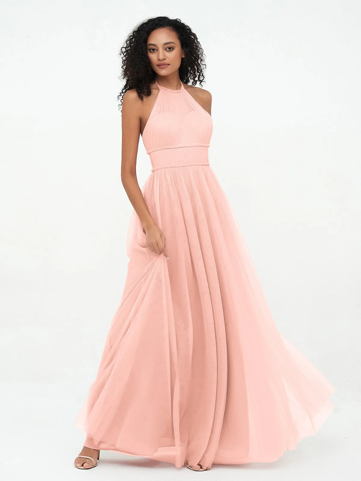 Illusion Halter Tulle Maxi Boho Dresses-Coral