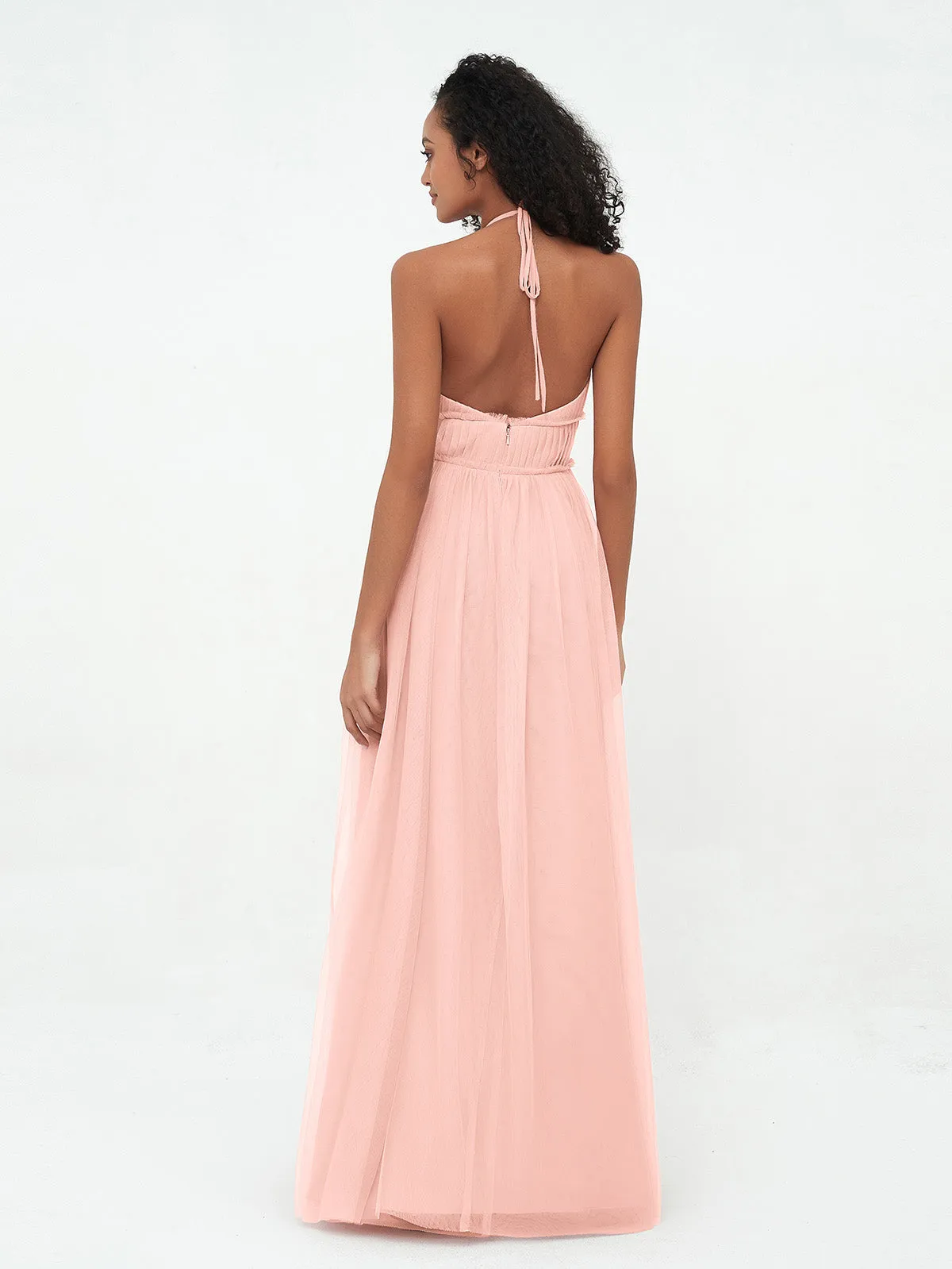 Illusion Halter Tulle Maxi Boho Dresses-Coral