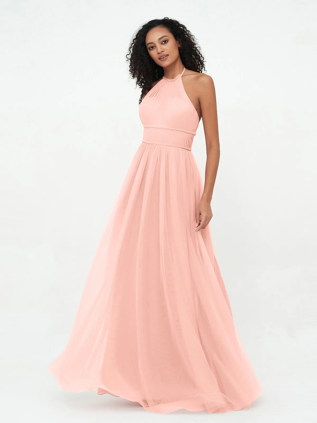 Illusion Halter Tulle Maxi Boho Dresses-Coral