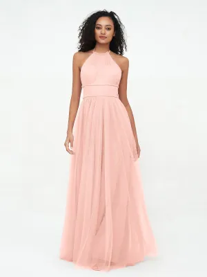 Illusion Halter Tulle Maxi Boho Dresses-Coral