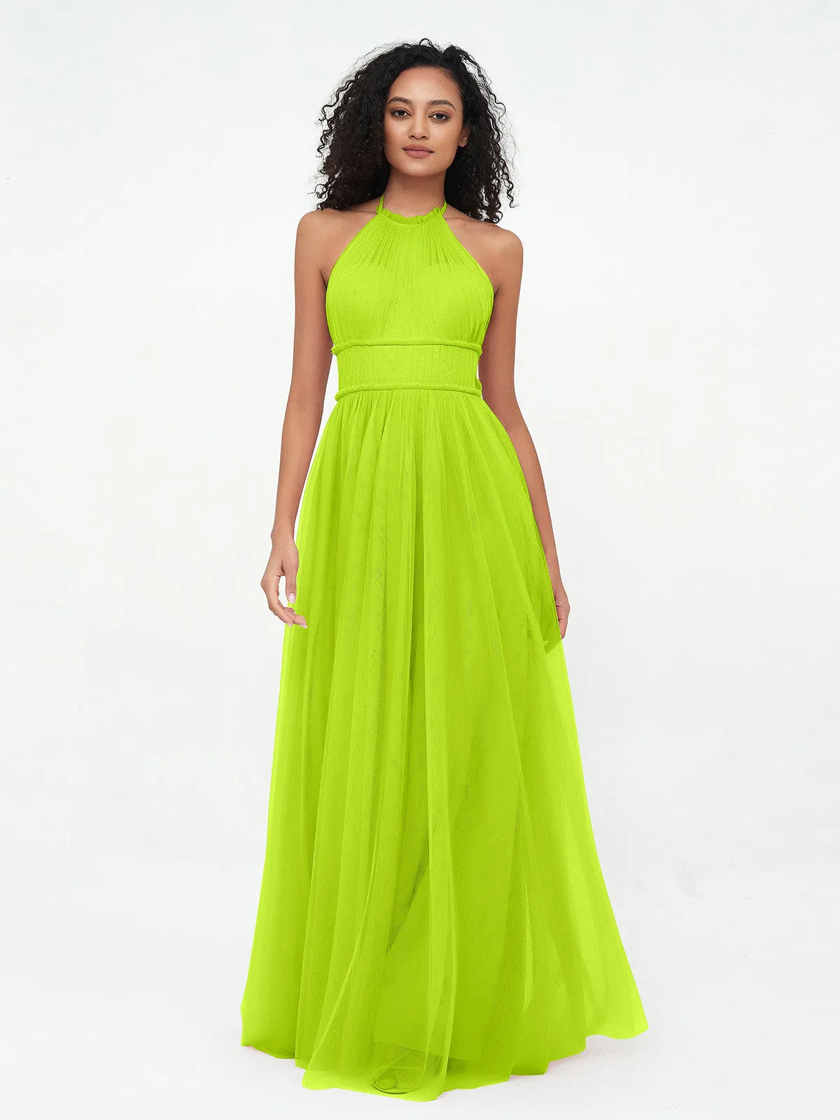 Illusion Halter Tulle Maxi Boho Dresses-Lime Green