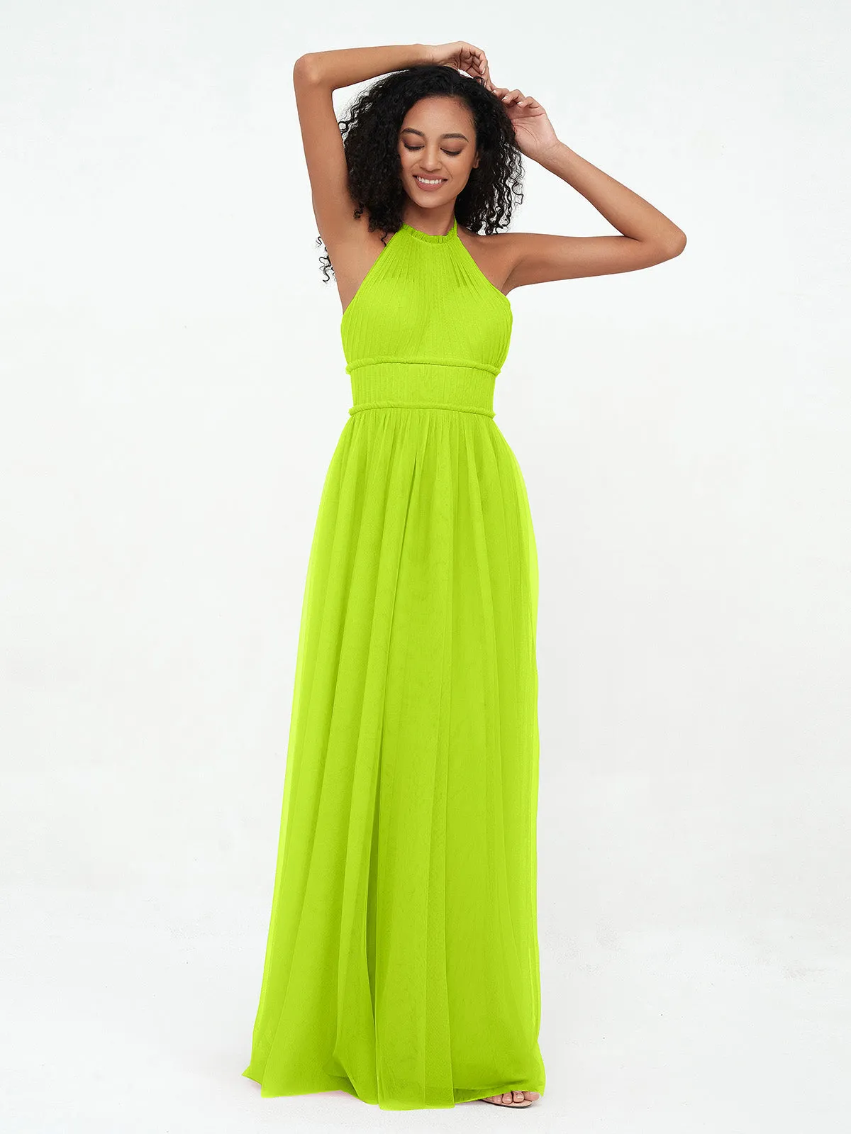 Illusion Halter Tulle Maxi Boho Dresses-Lime Green