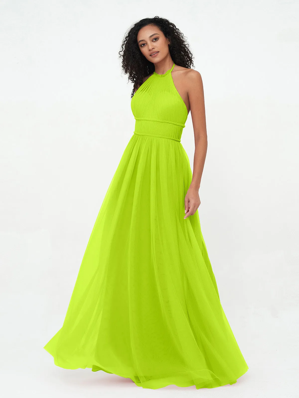 Illusion Halter Tulle Maxi Boho Dresses-Lime Green