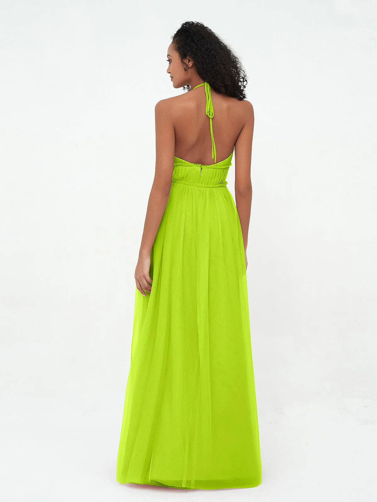 Illusion Halter Tulle Maxi Boho Dresses-Lime Green