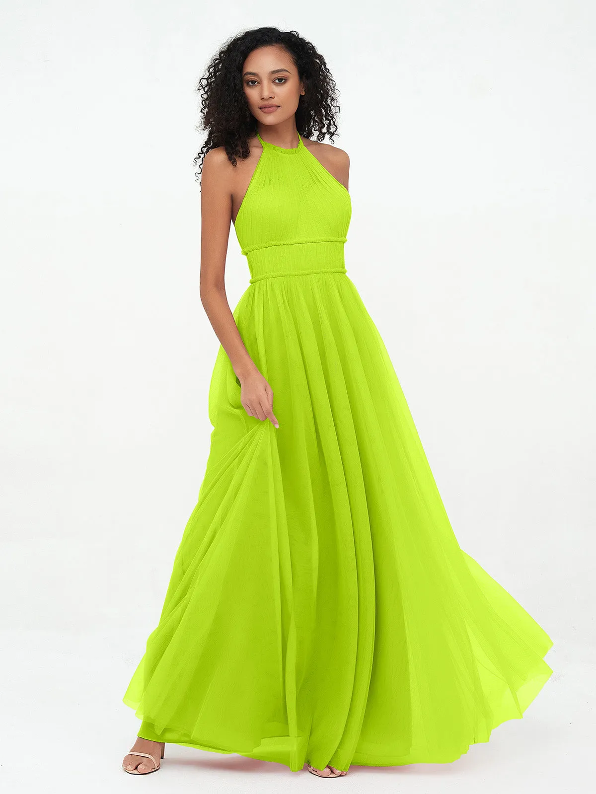 Illusion Halter Tulle Maxi Boho Dresses-Lime Green