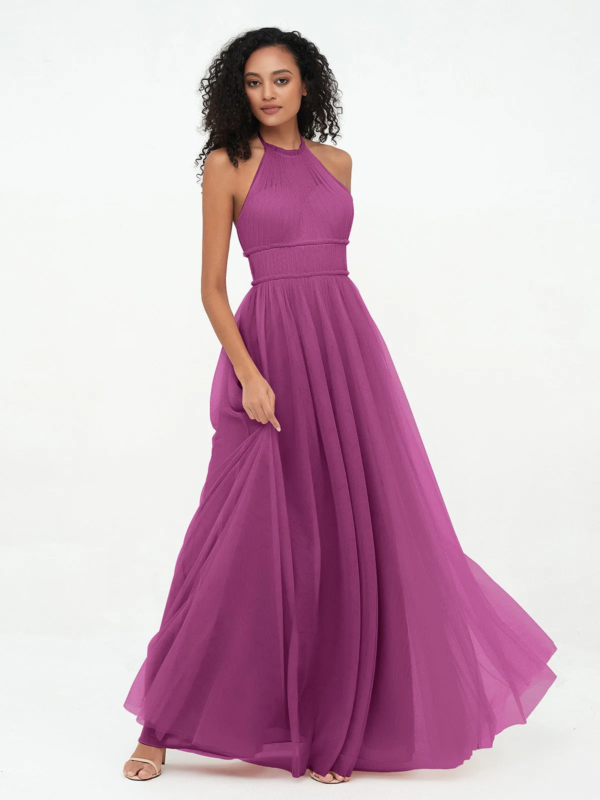 Illusion Halter Tulle Maxi Boho Dresses-Orchid