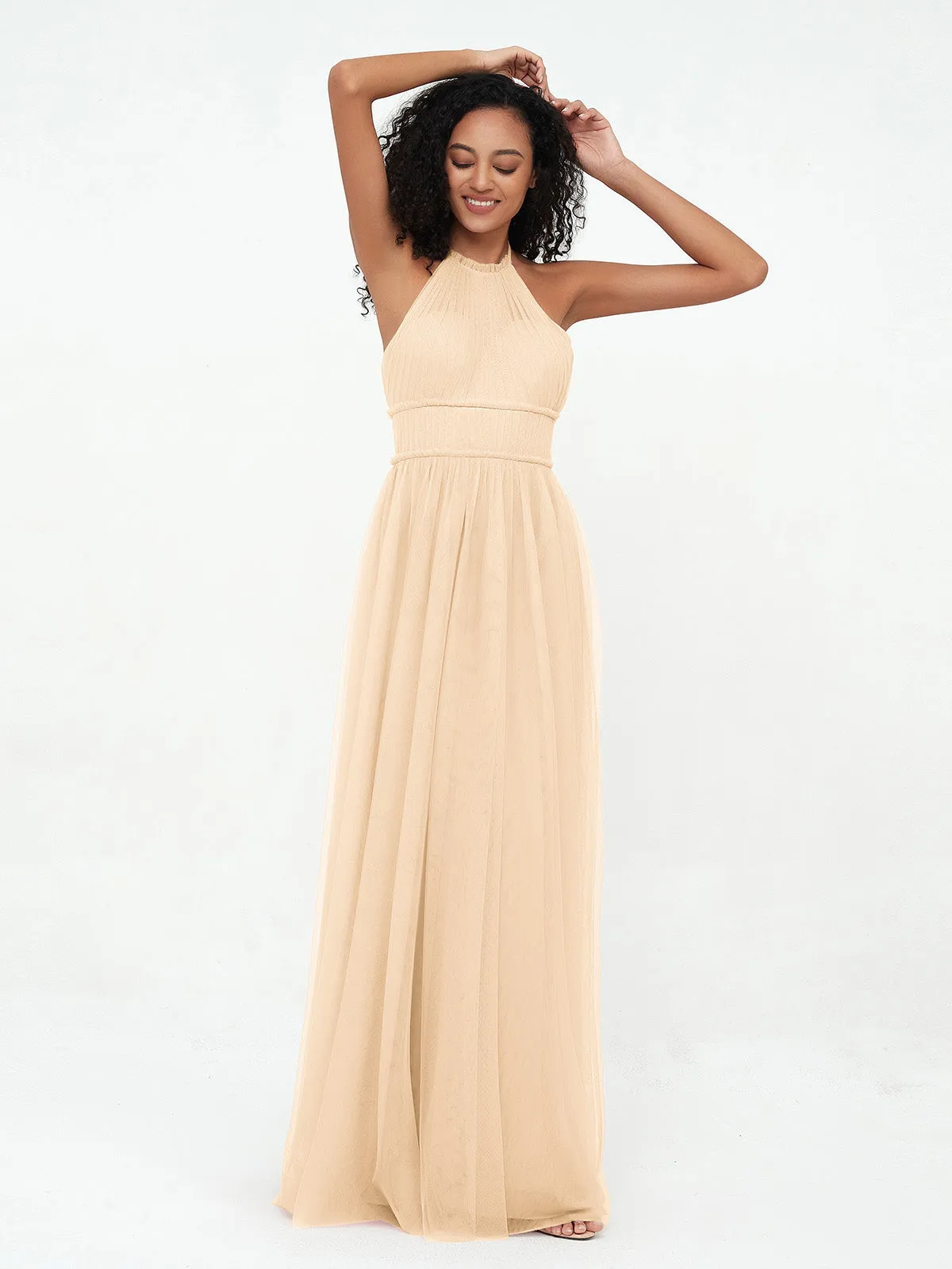 Illusion Halter Tulle Maxi Boho Dresses-Peach Plus Size