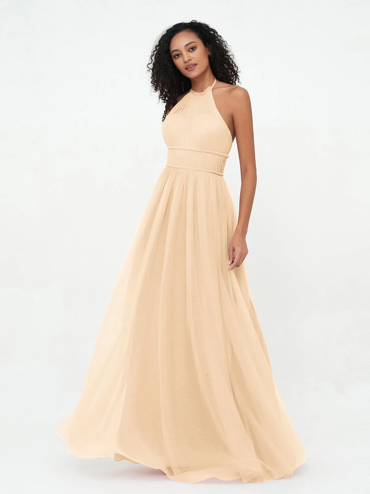 Illusion Halter Tulle Maxi Boho Dresses-Peach Plus Size